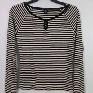 Banana Republic Top Womens M Long Sleeve Keyhole Neck Black Tan Striped Pullover